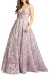 Mac Duggal Floral Embroidered V-neck Sleeveless A-line Gown In Lilac