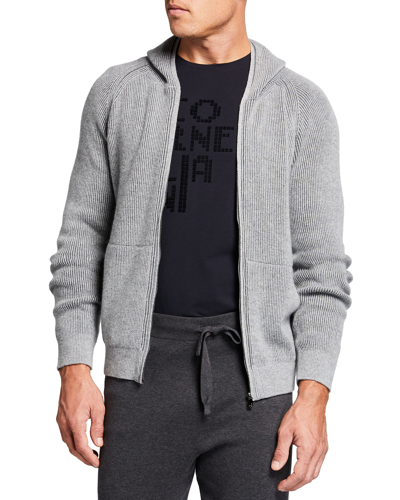 Corneliani Men's Ribbed Raglan Zip Hoodie Sweater In Charcoal
