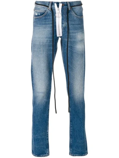 Off-white Diagonal Frayed-edge Embellishment Slim-leg Jeans In Blue