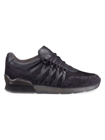 Stefano Ricci Men's Tonal Leather/suede Sneakers With Crocodile In Black