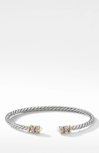 David Yurman Petite Helena Open Bracelet With Diamonds In Sterling Silver And Yellow Gold In Pearl