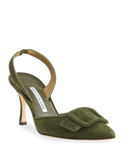 Manolo Blahnik Maysli Suede Bow Slingback Pumps In Olive