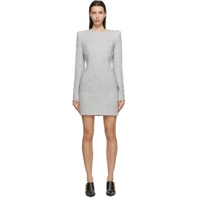 Balmain Tweed Long-sleeve Mini Dress In Gris Clair