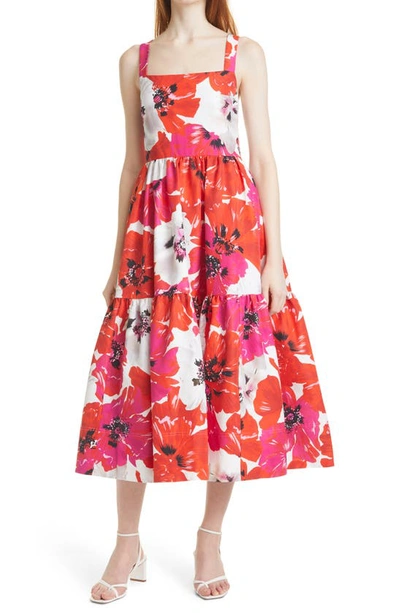 Tanya Taylor Gia Floral Print Cotton & Silk Midi Dress In Large Scale Poppy Red/pink