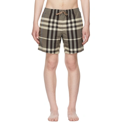 Burberry Beige & Brown Check Drawstring Swim Shorts In Grey