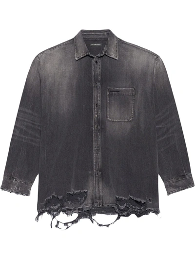 Balenciaga Men's Destroyed Denim Sport Shirt In Black