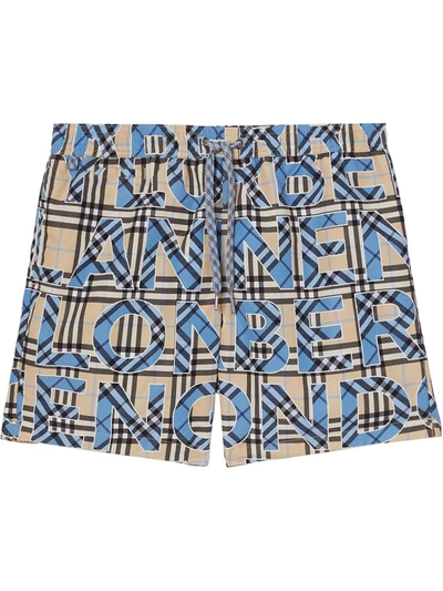 Burberry Men's Martin Logo Check Swim Shorts In Beige/blue/black/light Blue