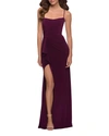 La Femme Square Neck Side Slit Matte Jersey Gown In Dark Berry