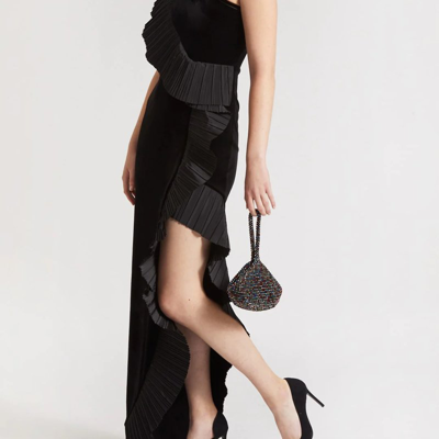 One33 Social Pleated Ruffle Asymmetrical Crepe Gown In Black