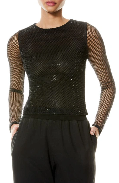 Alice And Olivia Delaina Mesh & Bead Embellished Long Sleeve Crop Top In Black