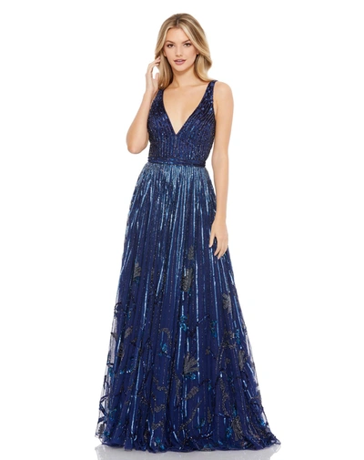 Mac Duggal Sequin Floral Beaded Sleeveless A-line Gown In Navy