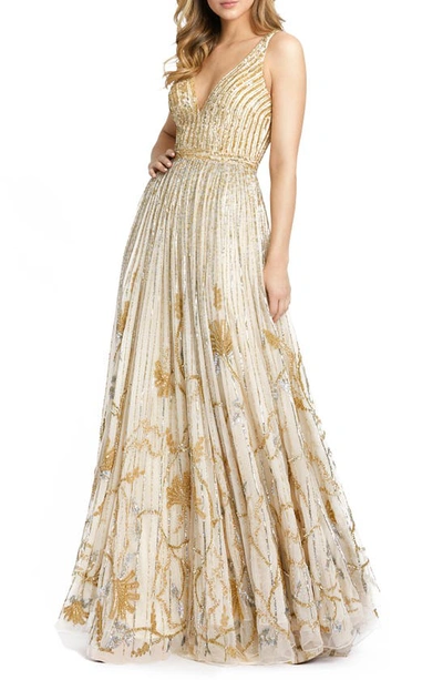 Mac Duggal Sequin Floral Beaded Sleeveless A-line Gown In Nude Gold