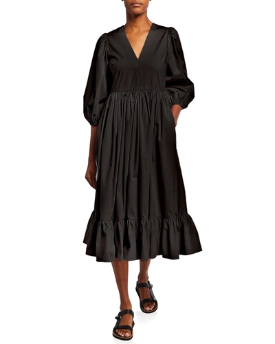 Red Valentino Long Black Cotton Dress With Puff Sleeves