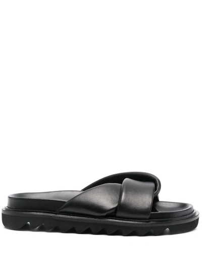Studio Amelia Padded Leather Flat Sporty Sandals In Black