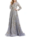 Mac Duggal Long-sleeve Beaded A-line Gown In Platinum Gold