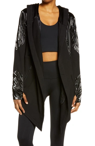 Blanc Noir Drape Front Mixed Media Jacket In Black