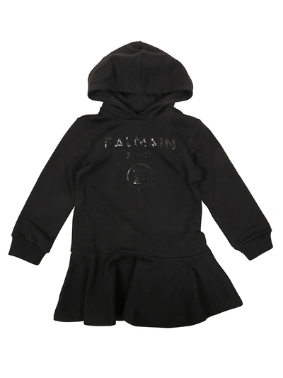 Balmain Kids' Sequined Logo Cotton Hoodie Dress In Black