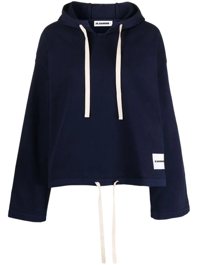 Jil Sander Drawstring-hem Cotton-jersey Hooded Sweatshirt In Blue