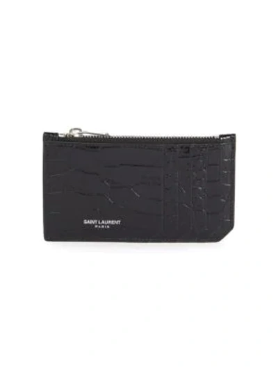 Saint Laurent Fragments Croc-embossed Leather Zip Card Case In Black