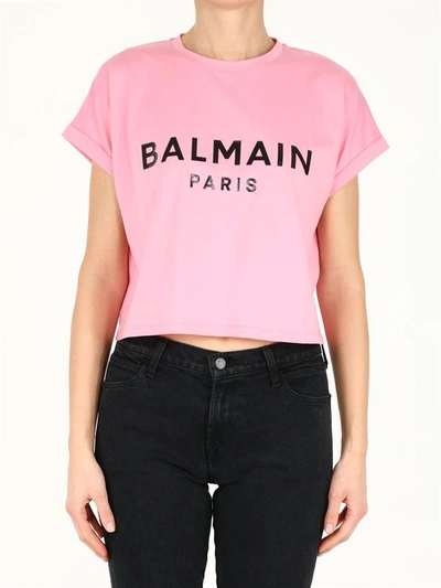 Balmain Logo Crop Top In Pink