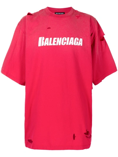 Balenciaga T-shirt Oversize In Cotone Con Tagli E Logo In Raspberry  - White