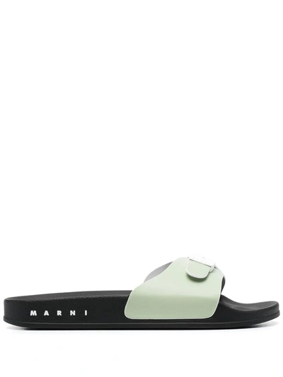 Marni Logo-print Buckle Slides In Light Lime Lily White Black