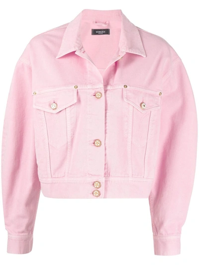 Versace Embellished Button Denim Jacket In Pink