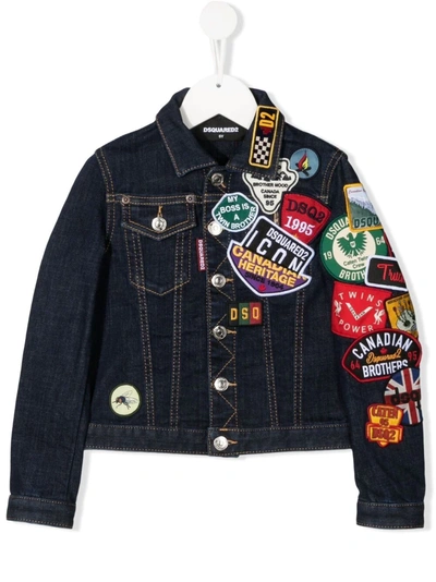 Dsquared2 Teen Multi-logo Patches Denim Jacket In Blue