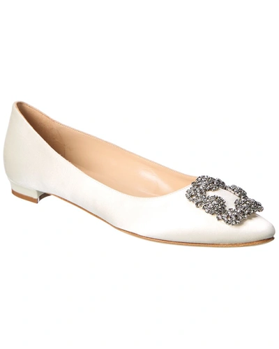 Manolo Blahnik Hangisi Embellished Leather Point-toe Flats In White