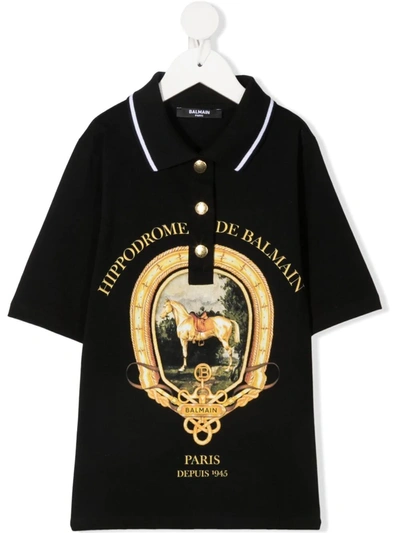 Balmain Teen Horse Print Polo Shirt In Black