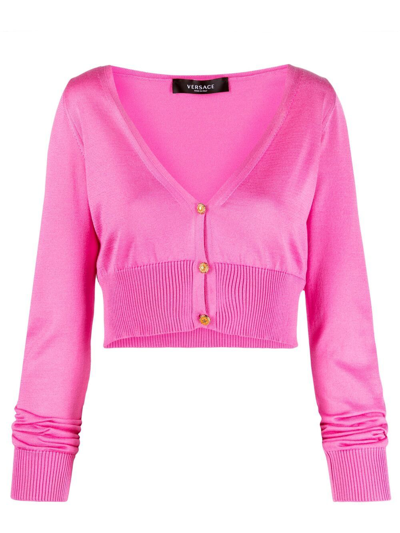 Versace Safety-pin Cashmere Crop Cardigan In Pink