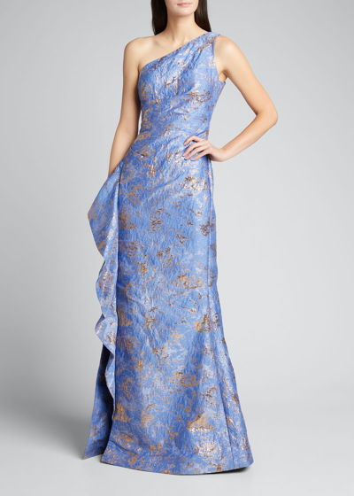 Rickie Freeman For Teri Jon Metallic Jacquard One-shoulder Side-ruffle Gown In Sky