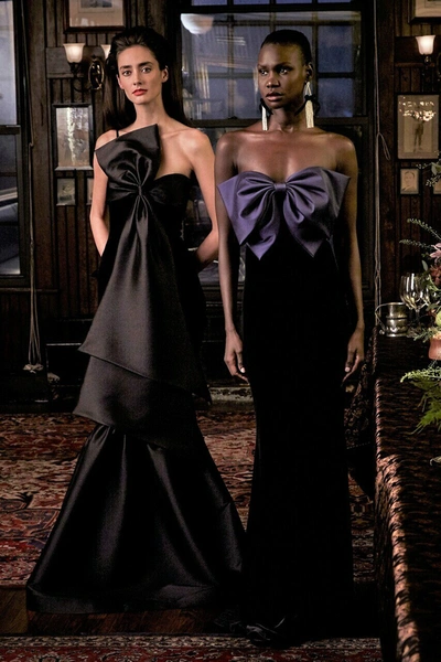 badgley mischka black bow dress Badgley Mischka Velvet & Mikado Bow-front Mermaid Gown In Black