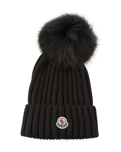 Moncler Ribbed-knit Beanie Hat W/fur Pompom, Black