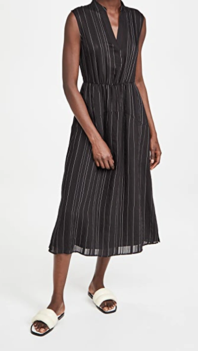Vince Tiered Pinstriped Woven Midi Dress In Black Optic White