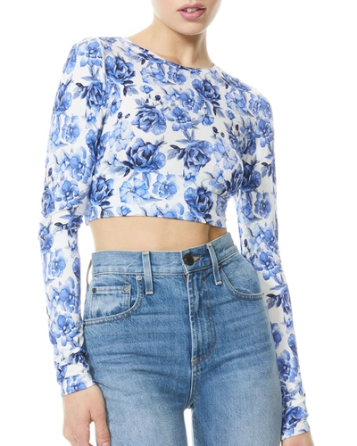 Alice And Olivia Delaina Long-sleeve Crewneck Crop Top In Forget Me Not Lg