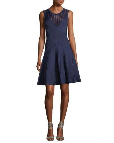Herve Leger Pico-trim Pointelle Fit & Flare Dress In Blue