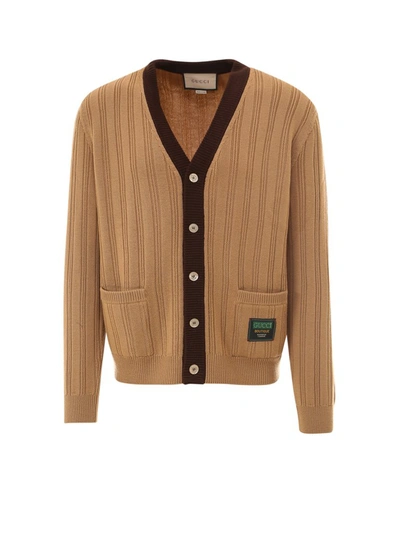 Gucci Label Patch Rib Knit Cardigan In Brown