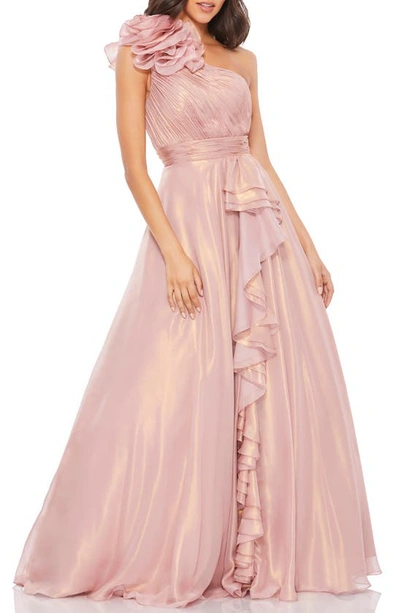 Mac Duggal Rosette One-shoulder Iridescent Ball Gown In Rose/gold