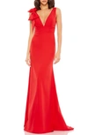 Mac Duggal Sleeveless V Neck Bow Detail Mermaid Gown In Red