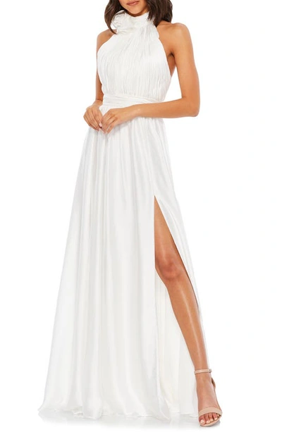 Mac Duggal Rosette Halter Chiffon Evening Gown In White