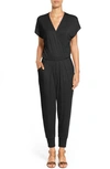 Loveappella Short Sleeve Wrap Top Jumpsuit In Black