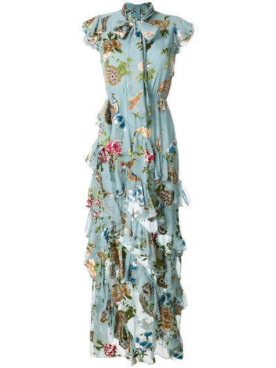 Alice And Olivia Lessie Pussy-bow Ruffled Fil Coupé Chiffon Maxi Dress In Blue
