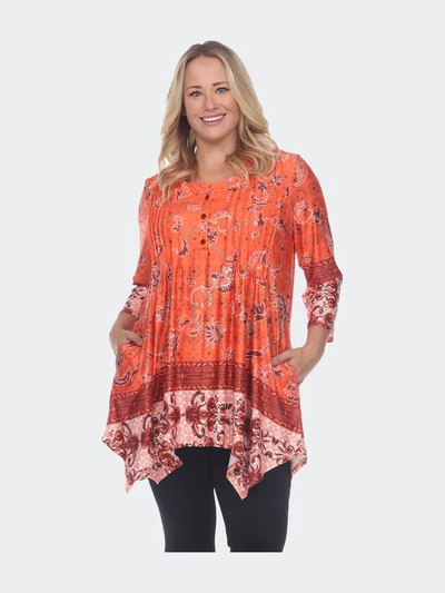 White Mark Women's Plus Size Victorian Print Tunic Top With Pockets In Orange
