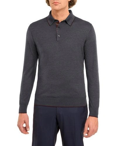 Stefano Ricci Crocodile-trim Wool-silk Polo Sweater In Gray