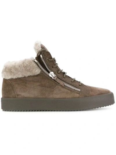 Giuseppe Zanotti Men's Shearling-lined Suede Mid-top Sneakers In Brown