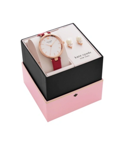Kate Spade Women's Holland Red Leather Watch And Earring Box Set 34mm