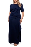Xscape Ruched Puff Sleeve Scuba Column Gown In Midnight Blue