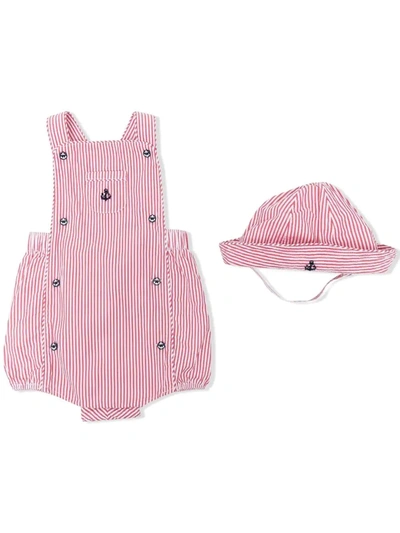 Ralph Lauren Babies' Anchor Embroidered Pinstriped Body And Hat Set In Red Multi