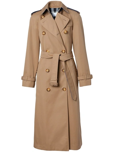 Burberry Denim-detail Belted Trench Coat In Neutrals